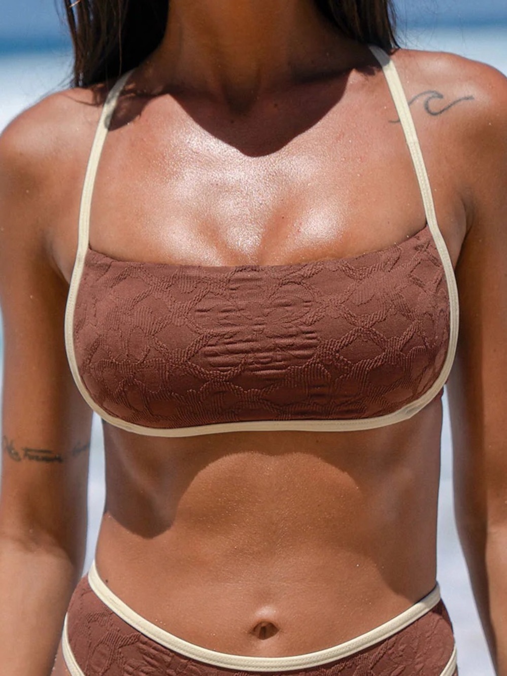Berlook L Brown Bikini Top only with White Trim size small new tags